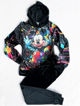 Trening dama negru din CATIFEA cu pantaloni lungi cu snur si bluza neagra cu gluga imprimeu MICKEY  MOUSE happy