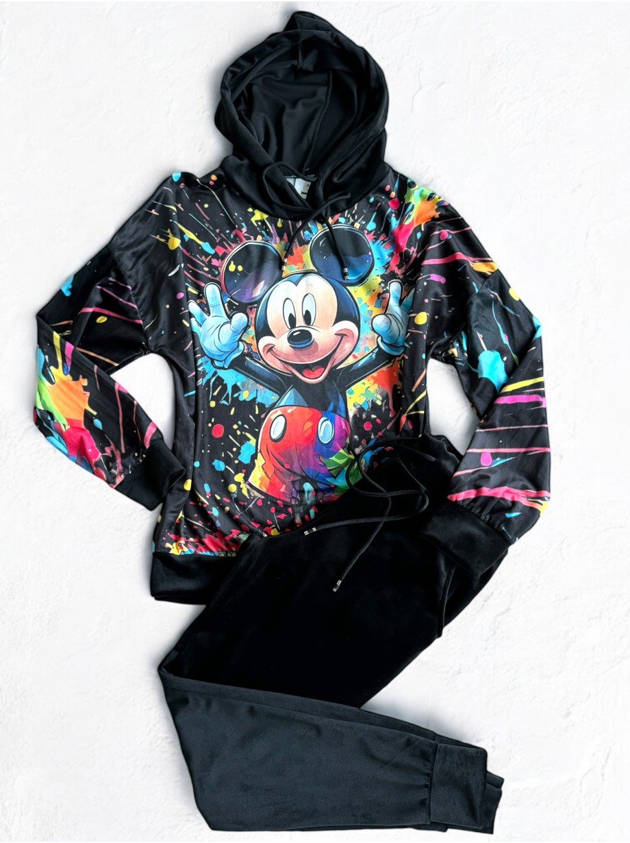 Trening dama negru din CATIFEA cu pantaloni lungi cu snur si bluza neagra cu gluga imprimeu MICKEY  MOUSE happy