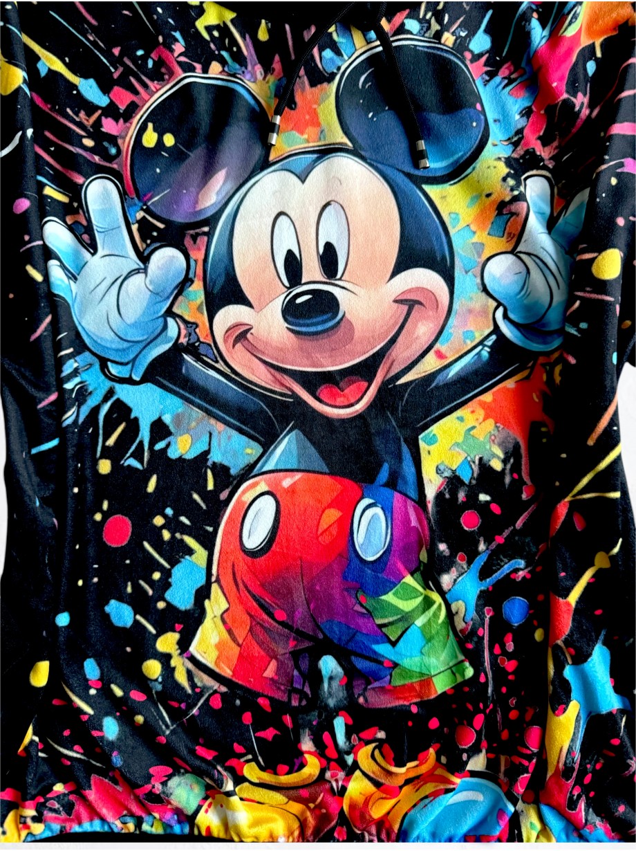 Trening dama negru din CATIFEA cu pantaloni lungi cu snur si bluza neagra cu gluga imprimeu MICKEY  MOUSE happy