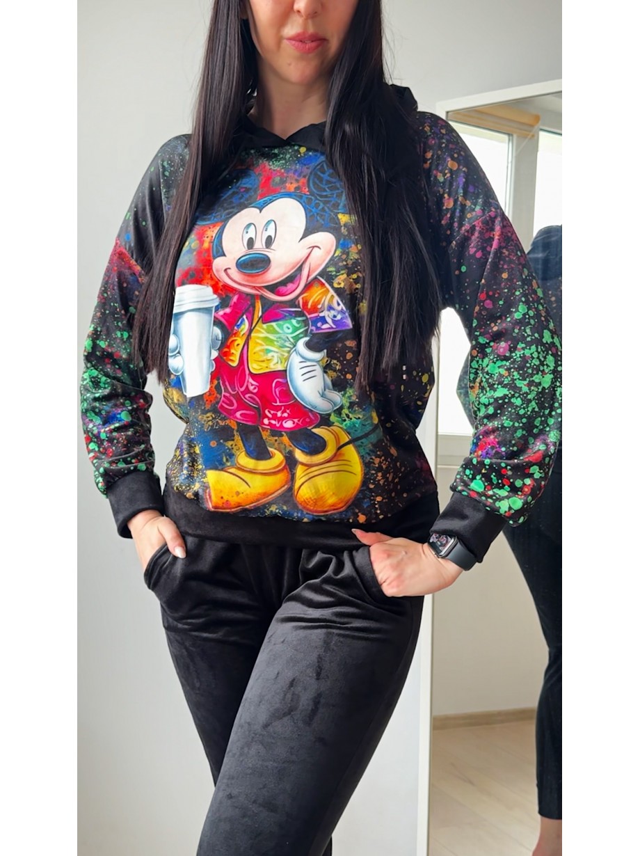 Trening dama negru din CATIFEA cu pantaloni lungi cu snur si bluza neagra cu gluga imprimeu Mickey cute