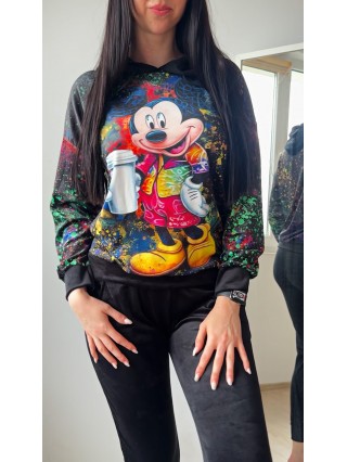 Trening dama negru din CATIFEA cu pantaloni lungi cu snur si bluza neagra cu gluga imprimeu Mickey cute