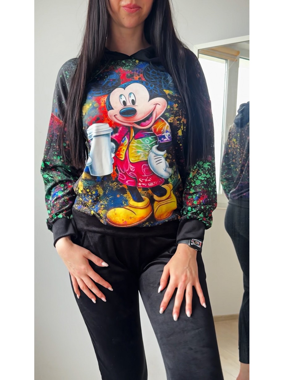 Trening dama negru din CATIFEA cu pantaloni lungi cu snur si bluza neagra cu gluga imprimeu Mickey cute