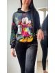 Trening dama negru din CATIFEA cu pantaloni lungi cu snur si bluza neagra cu gluga imprimeu Mickey cute