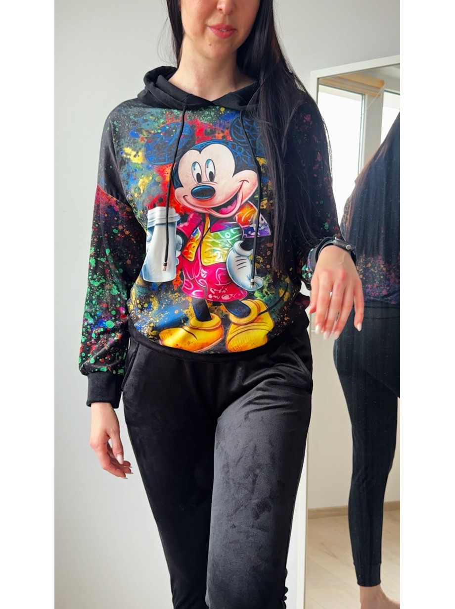 Trening dama negru din CATIFEA cu pantaloni lungi cu snur si bluza neagra cu gluga imprimeu Mickey cute