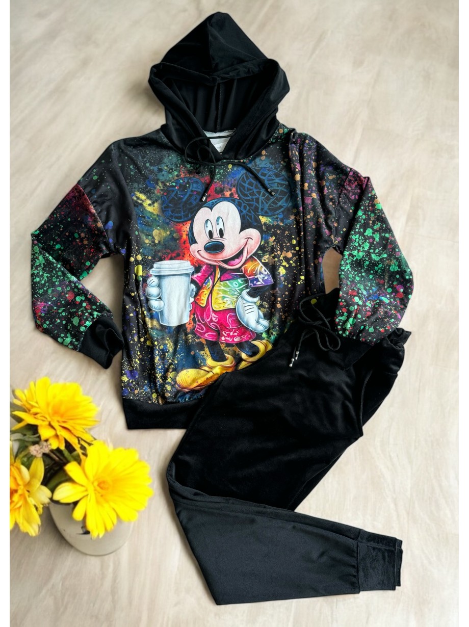 Trening dama negru din CATIFEA cu pantaloni lungi cu snur si bluza neagra cu gluga imprimeu Mickey cute