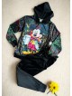 Trening dama negru din CATIFEA cu pantaloni lungi cu snur si bluza neagra cu gluga imprimeu Mickey cute