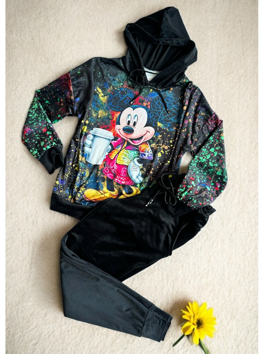 Trening dama negru din CATIFEA cu pantaloni lungi cu snur si bluza neagra cu gluga imprimeu Mickey cute