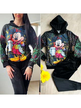Trening dama negru din CATIFEA cu pantaloni lungi cu snur si bluza neagra cu gluga imprimeu Mickey cute