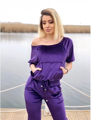 Trening dama casual mov din catifea cu maneca scurta si pantaloni lungi