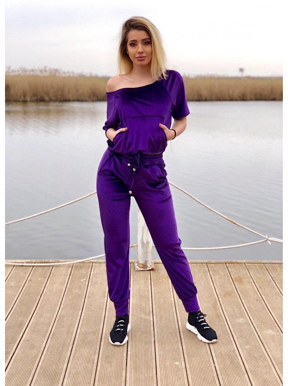 Trening dama casual mov din catifea cu maneca scurta si pantaloni lungi