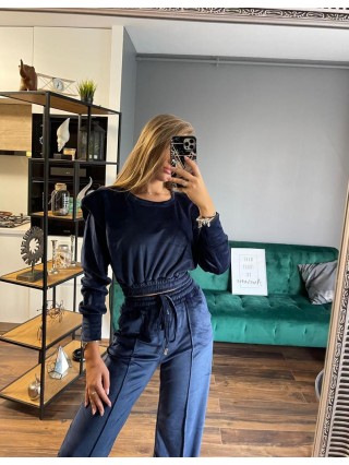 Trening dama superb bleumarin din catifea cu pantaloni largi si bluza cu umeri bufanti