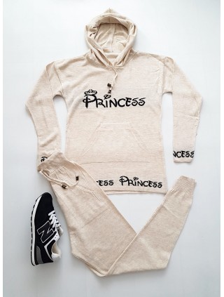 Trening dama din tricot crem cu inscriptie Princess si gluga