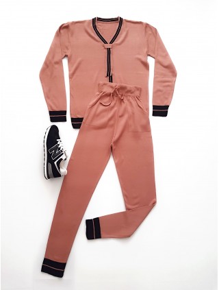 Trening dama ieftin lung din tricot roz cu bluza cu anchior