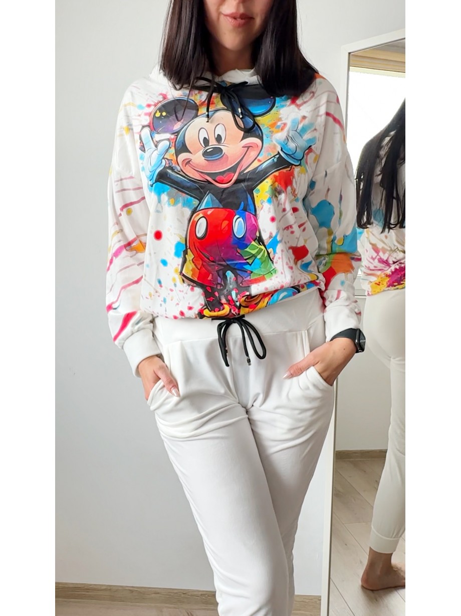 Trening dama alb din catifea cu pantaloni lungi cu snur si bluza alba cu gluga imprimeu MICKEY MOUSE happy