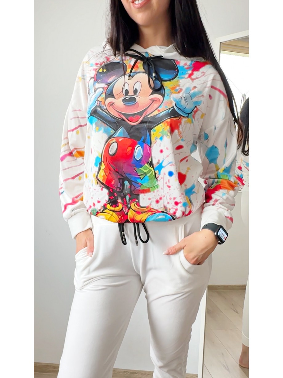 Trening dama alb din catifea cu pantaloni lungi cu snur si bluza alba cu gluga imprimeu MICKEY MOUSE happy