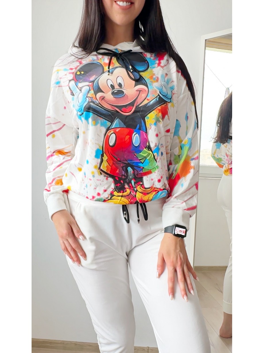 Trening dama alb din catifea cu pantaloni lungi cu snur si bluza alba cu gluga imprimeu MICKEY MOUSE happy
