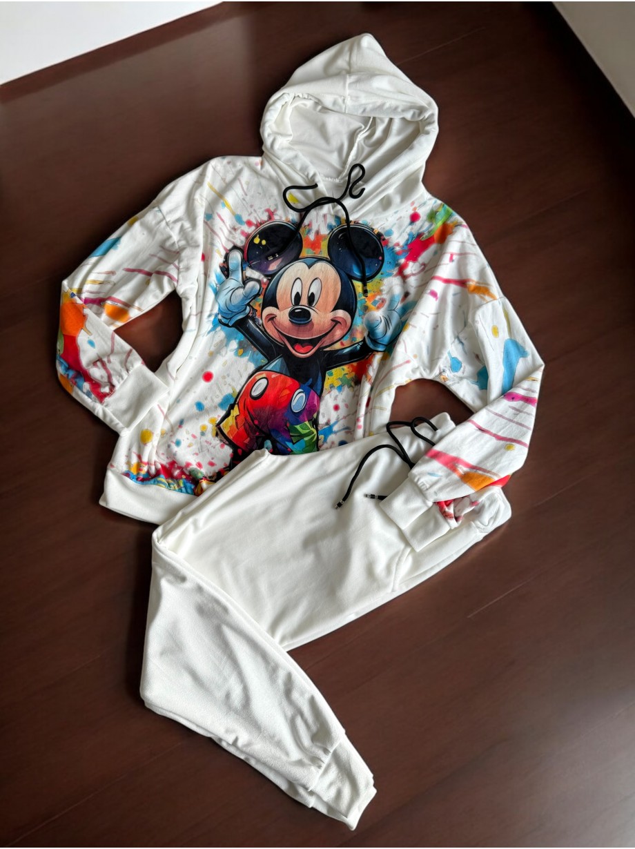 Trening dama alb din catifea cu pantaloni lungi cu snur si bluza alba cu gluga imprimeu MICKEY MOUSE happy