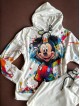 Trening dama alb din catifea cu pantaloni lungi cu snur si bluza alba cu gluga imprimeu MICKEY MOUSE happy