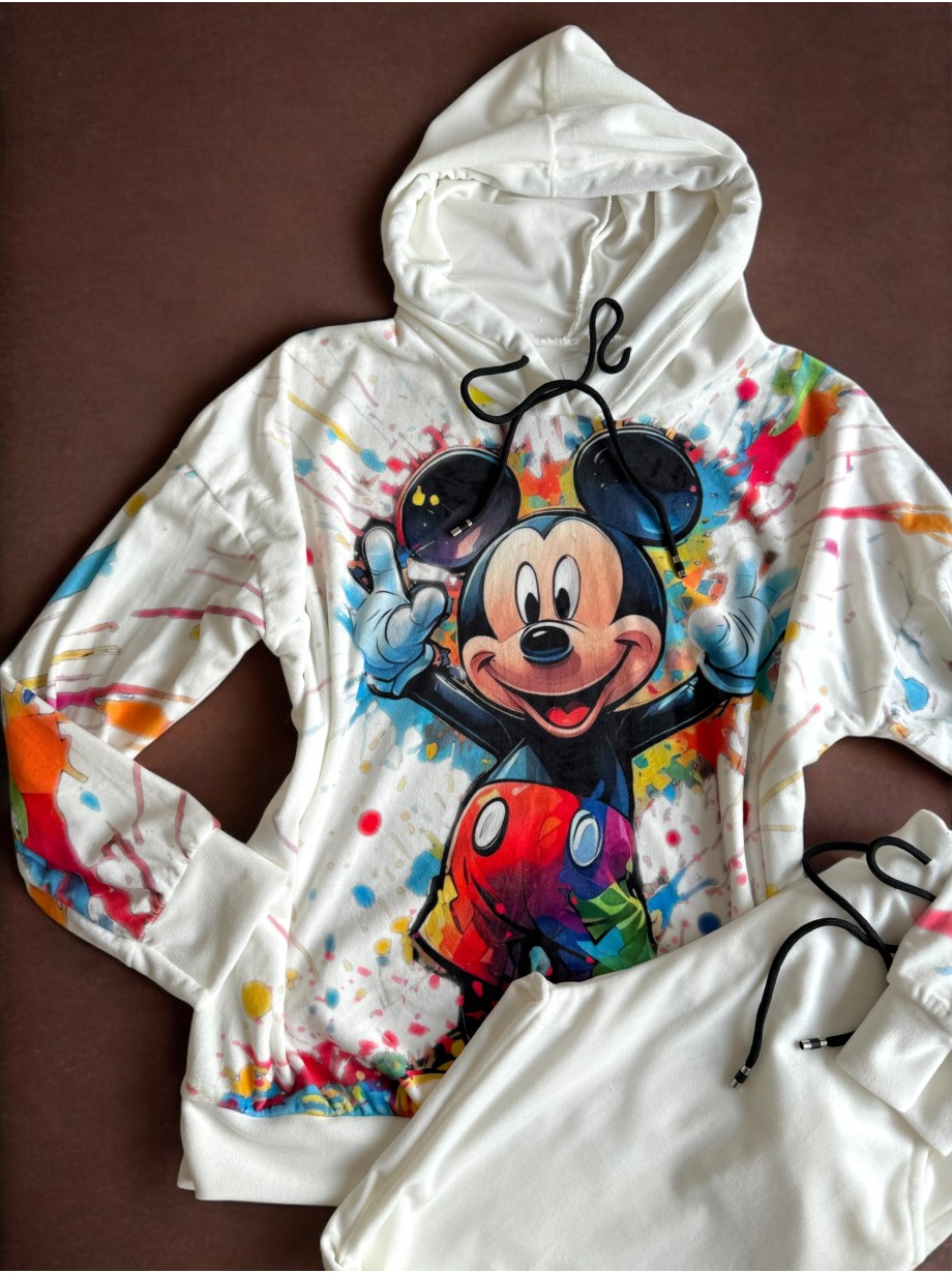 Trening dama alb din catifea cu pantaloni lungi cu snur si bluza alba cu gluga imprimeu MICKEY MOUSE happy
