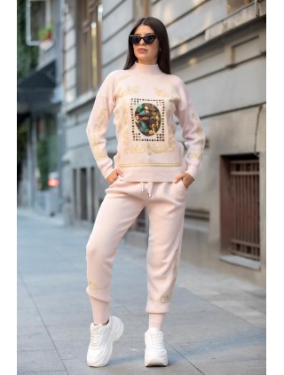 Trening dama din tricot roz cu bluza pe gat si model Tablou