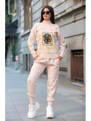 Trening dama din tricot roz cu bluza pe gat si model Tablou