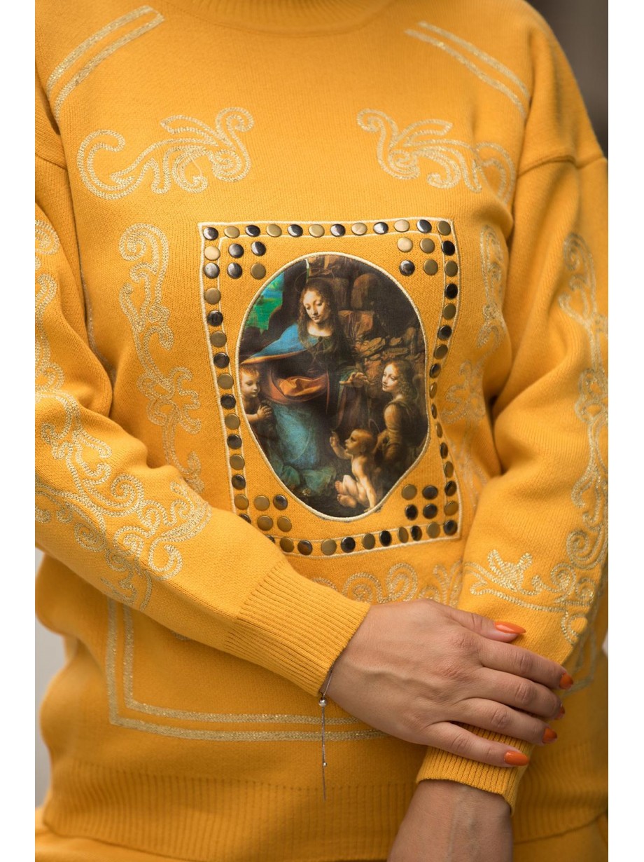 Trening dama din tricot galben cu bluza pe gat si model Tablou