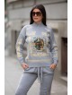 Trening dama din tricot gri cu bluza pe gat si model Tablou