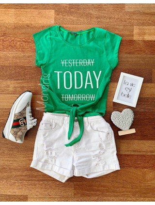 Tricou dama ieftin din bumbac verde cu snur in talie si imprimeu TODAY