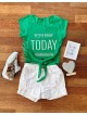 Tricou dama ieftin din bumbac verde cu snur in talie si imprimeu TODAY