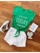Tricou dama ieftin din bumbac verde cu snur in talie si imprimeu TODAY