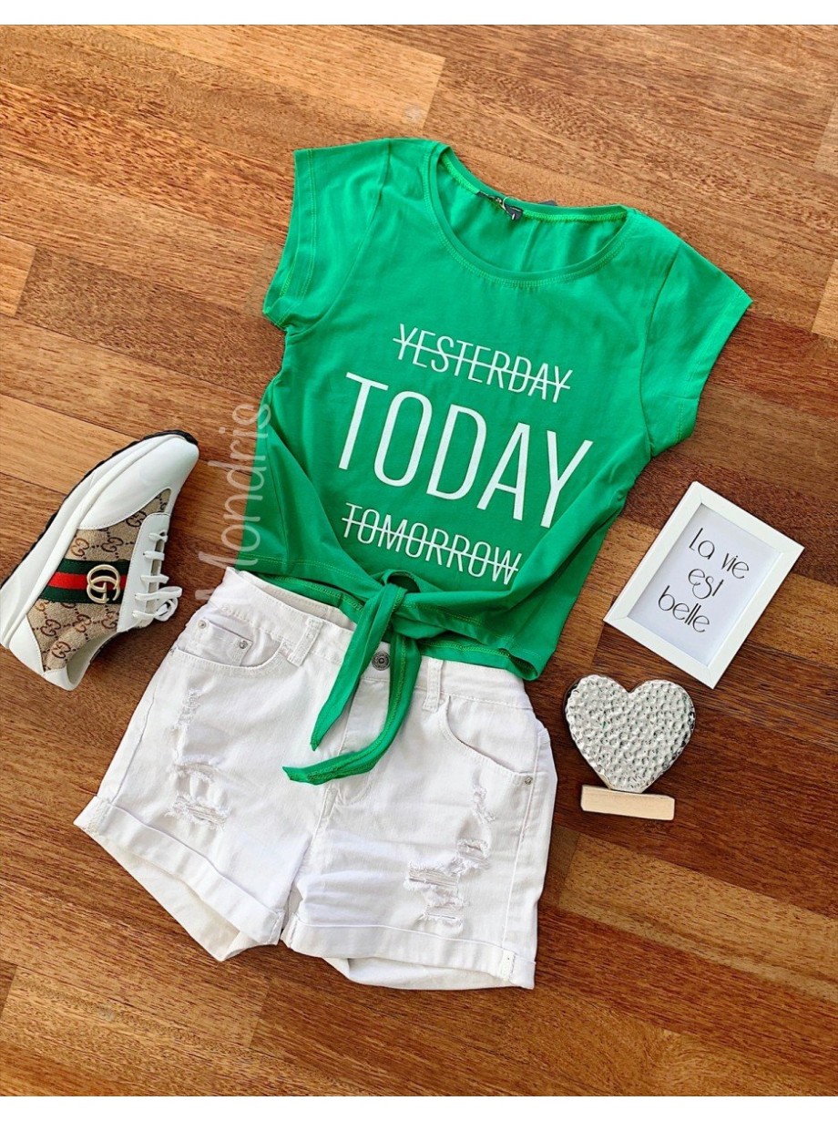 Tricou dama ieftin din bumbac verde cu snur in talie si imprimeu TODAY