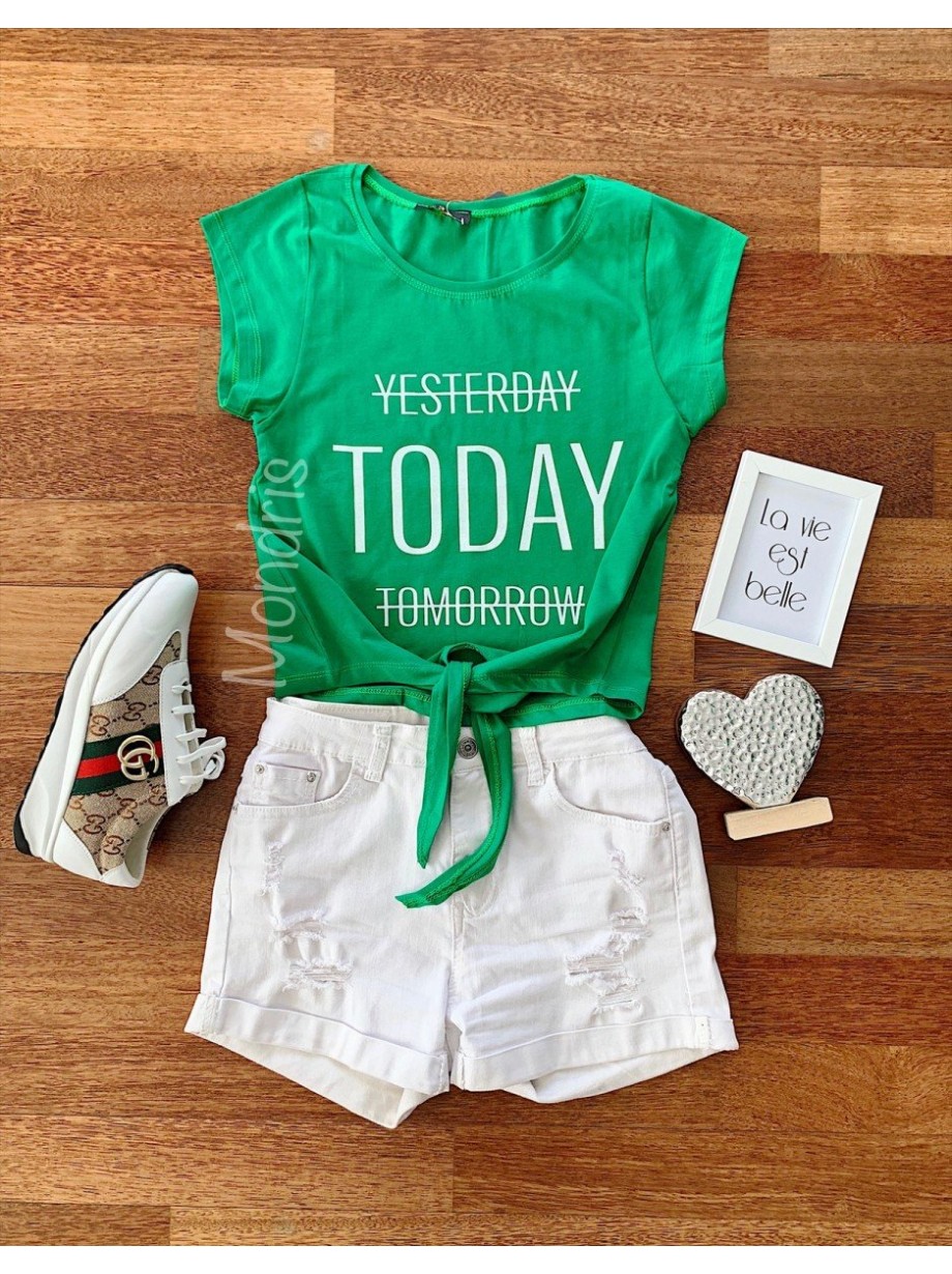 Tricou dama ieftin din bumbac verde cu snur in talie si imprimeu TODAY