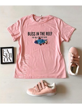 Tricou dama bumbac fin 100% roz cu maneca scurta si imprimeu din paiete Fish