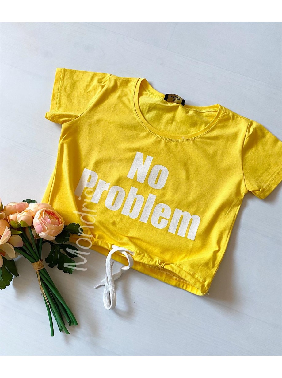 Tricou dama ieftin din bumbac galben cu snur cu imprimeu No problem