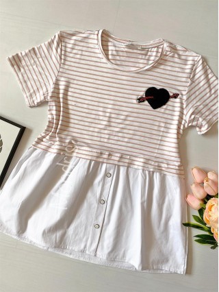 Tricou dama bumbac fin 100% alb cu dungi cu imprimeu inimioara