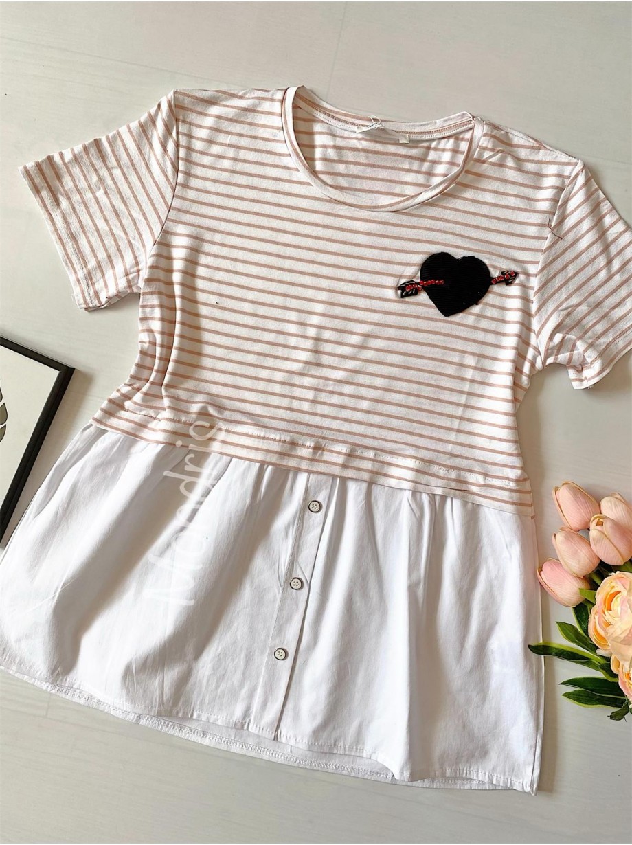 Tricou dama bumbac fin 100% alb cu dungi cu imprimeu inimioara