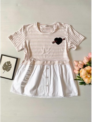 Tricou dama bumbac fin 100% alb cu dungi cu imprimeu inimioara