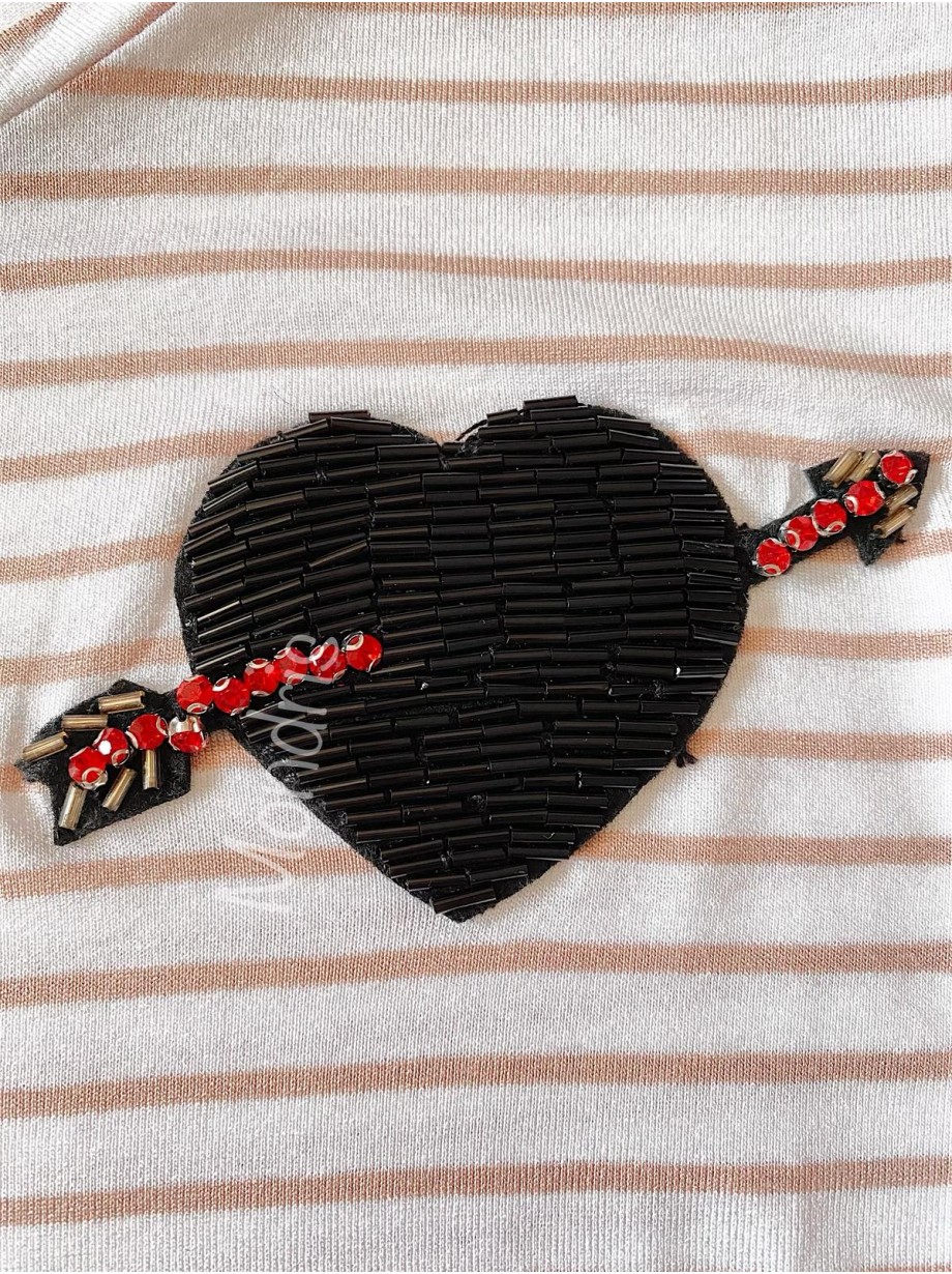 Tricou dama bumbac fin 100% alb cu dungi cu imprimeu inimioara