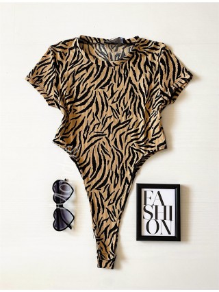 Body dama ieftin bumbac maro decupat lateral cu imprimeu Zebra