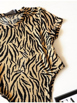 Body dama ieftin bumbac maro decupat lateral cu imprimeu Zebra