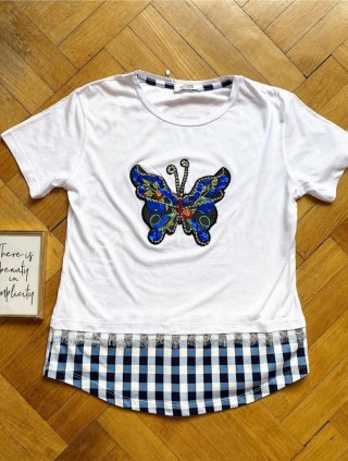 Tricou dama bumbac fin 100% alb cu albastru cu imprimeu fluture