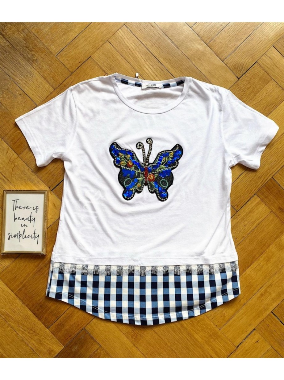 Tricou dama bumbac fin 100% alb cu albastru cu imprimeu fluture