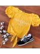 Tricou dama ieftin din bumbac galben cu snur si maneci bufante si imprimeu YV Woman