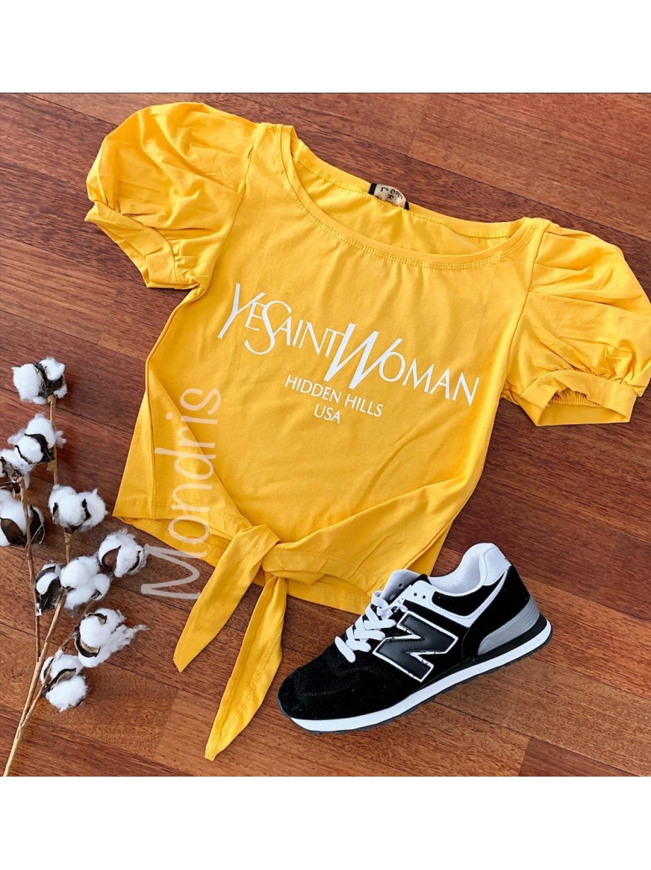 Tricou dama ieftin din bumbac galben cu snur si maneci bufante si imprimeu YV Woman