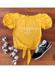 Tricou dama ieftin din bumbac galben cu snur si maneci bufante si imprimeu YV Woman