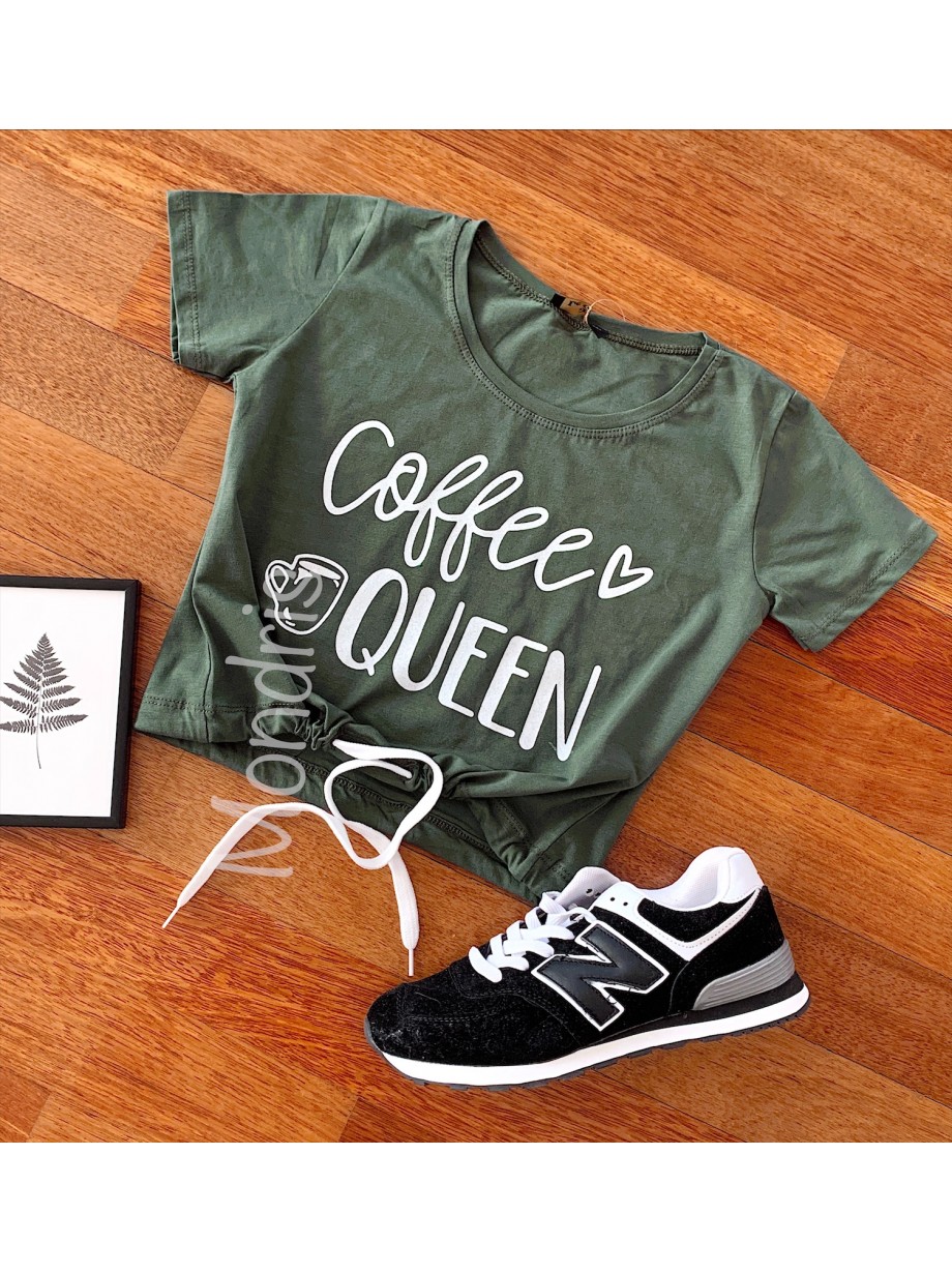 Tricou dama ieftin din bumbac khaki cu imprimeu Coffee Queen