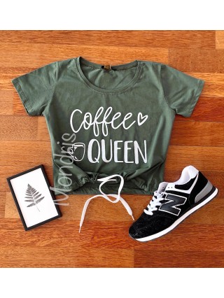 Tricou dama ieftin din bumbac khaki cu imprimeu Coffee Queen