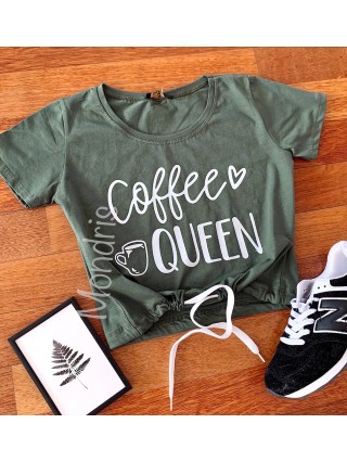 Tricou dama ieftin din bumbac khaki cu imprimeu Coffee Queen
