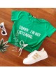 Tricou dama ieftin din bumbac verde cu imprimeu Sorry, I'm not listening